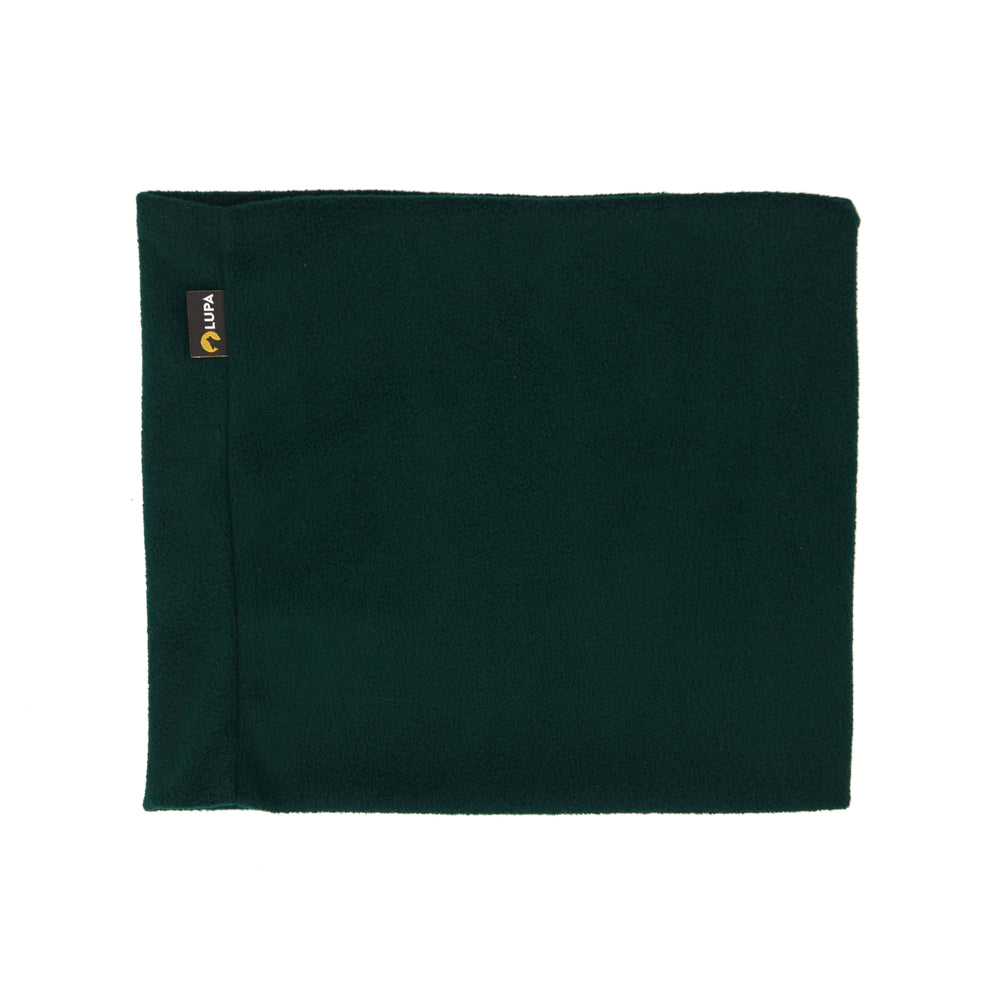Dark green fleece neck warmer with a brand logo on a white background