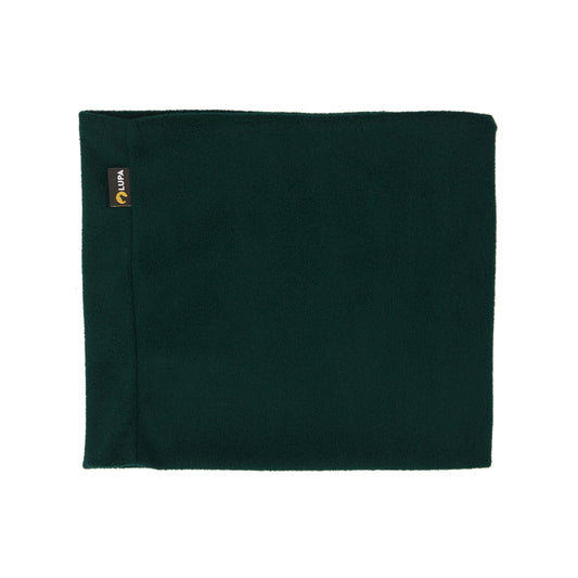 Dark green fleece neck warmer with a brand logo on a white background