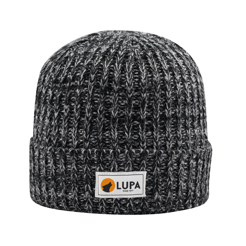 Lupa's A black and gray striped beanie with the LUPA